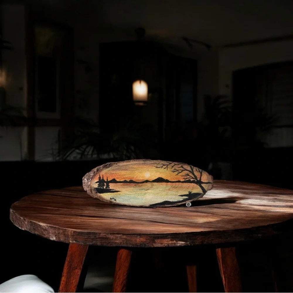 Hand-Painted Landscape on Wood Slice